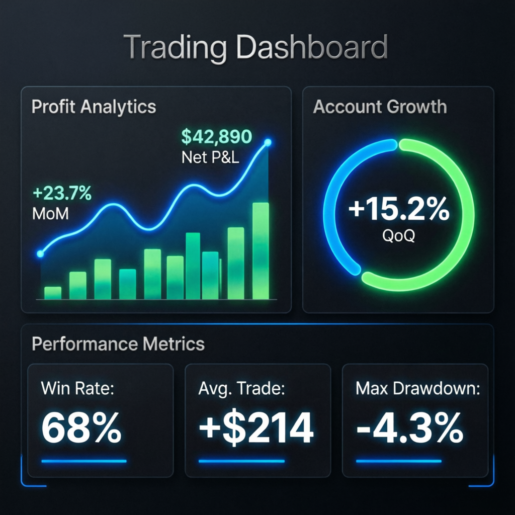 Fundway Plus trading dashboard showing profit analytics and performance metrics