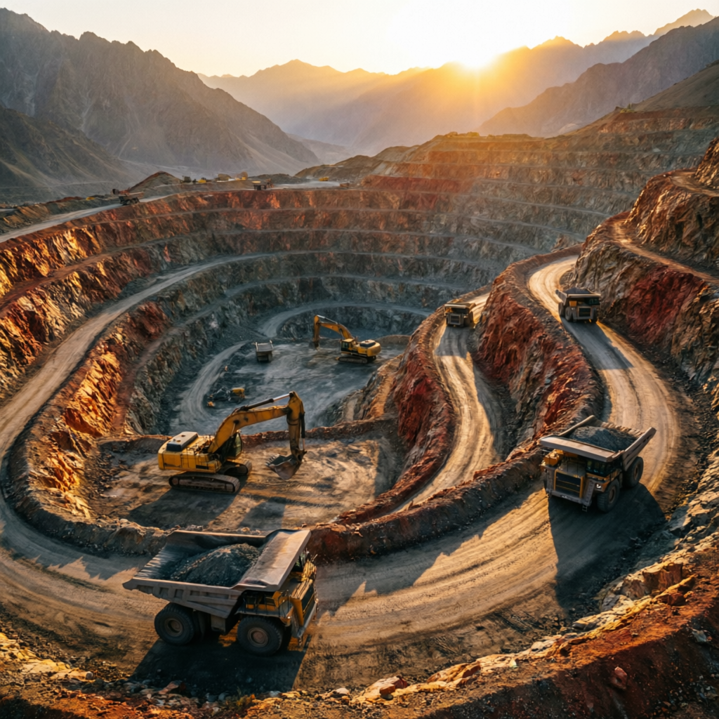 Aerial view of open-pit mineral mine in Pakistan mountains at golden hour
