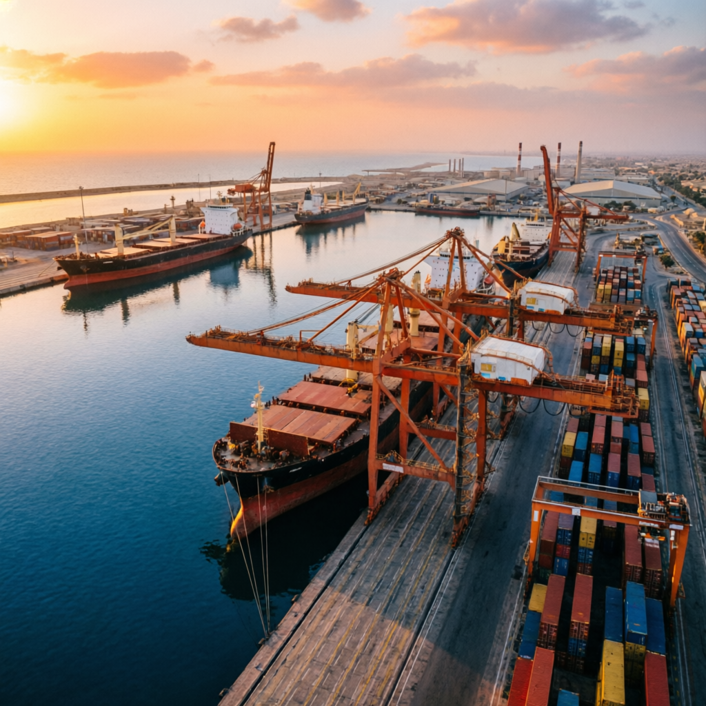 Aerial view of Karachi port at golden hour with cargo ships and shipping containers