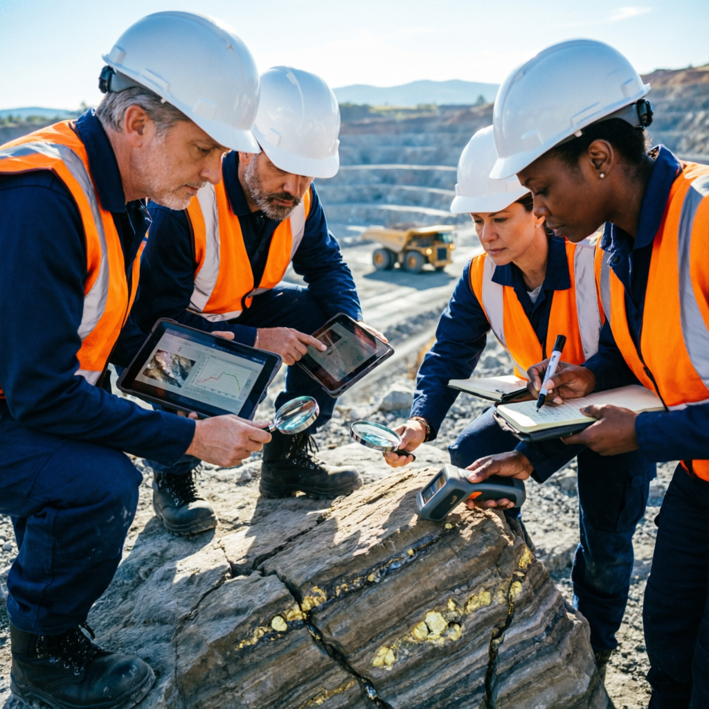 Atlas Mining and Minerals team examining mineral samples on site