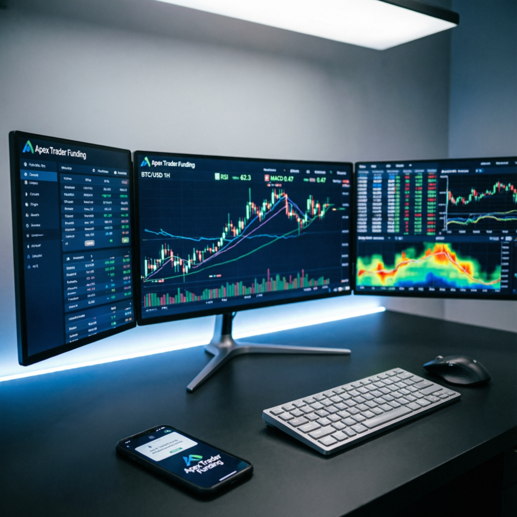 Apex Trader Funding professional trading setup with multiple monitors showing charts and analytics