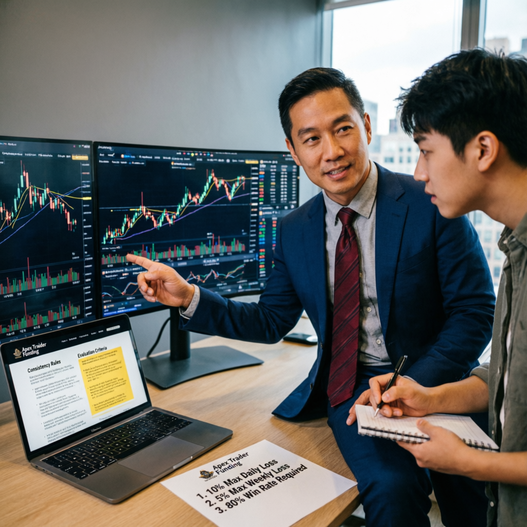 Trading mentor explaining Apex Trader Funding consistency rules and evaluation criteria