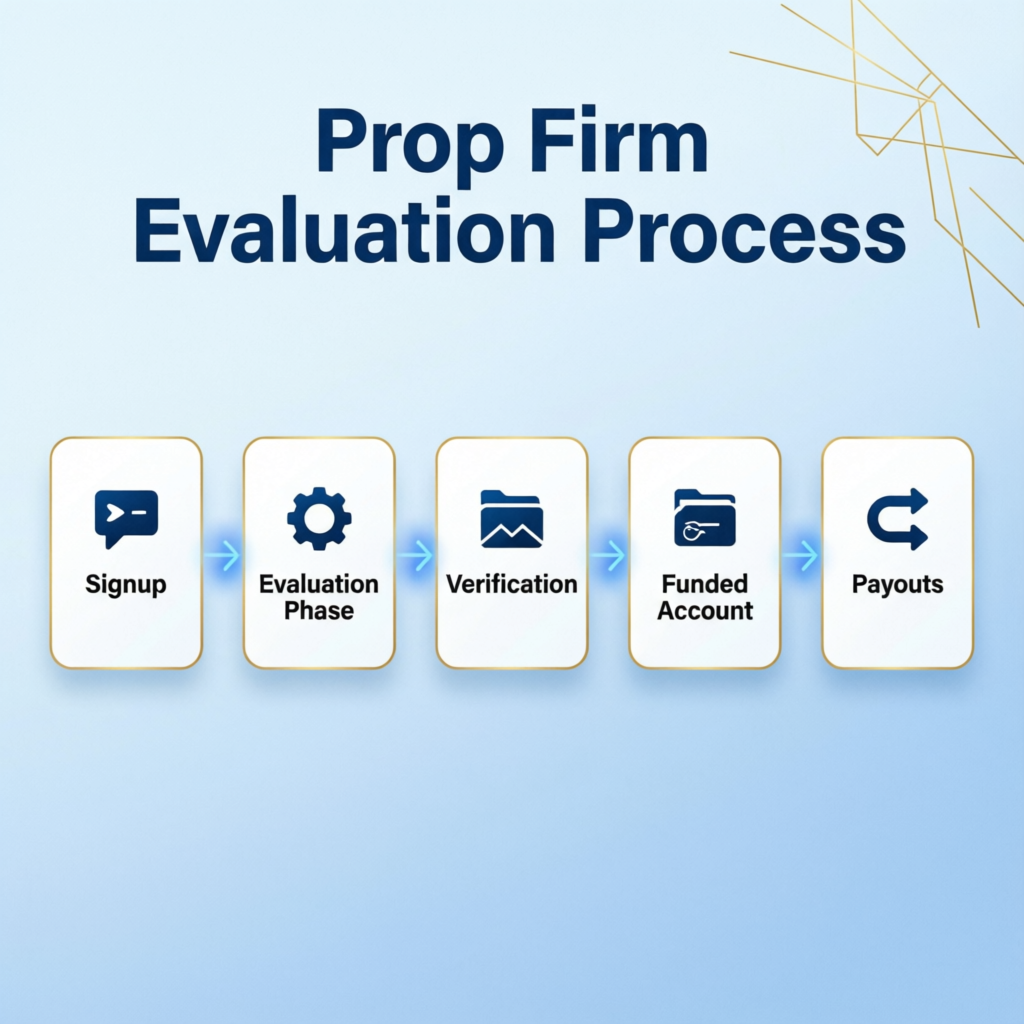 Prop firm evaluation process steps from signup to payouts