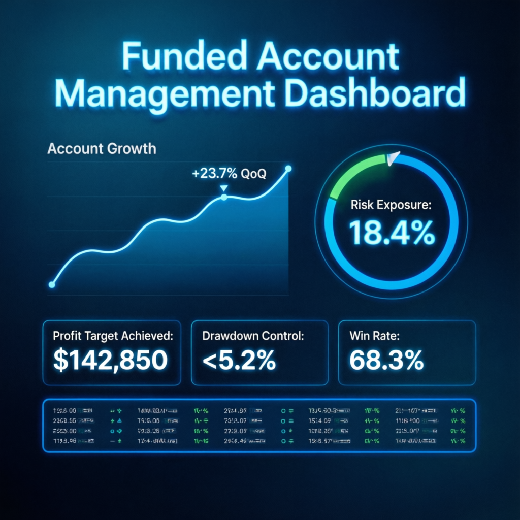 Funded account management dashboard showing account growth and risk metrics