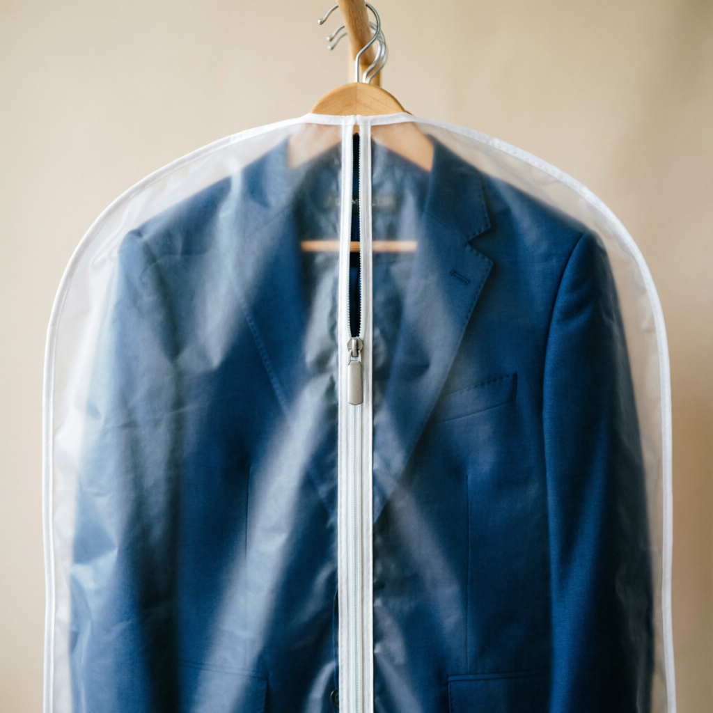White and transparent dustproof garment suit cover bag hanging on wooden hanger with navy suit inside