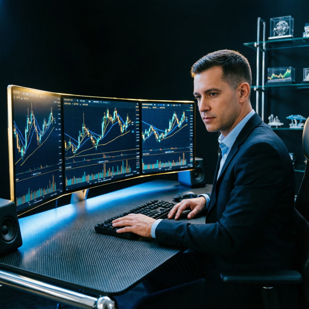 Professional forex trader analyzing multiple trading charts