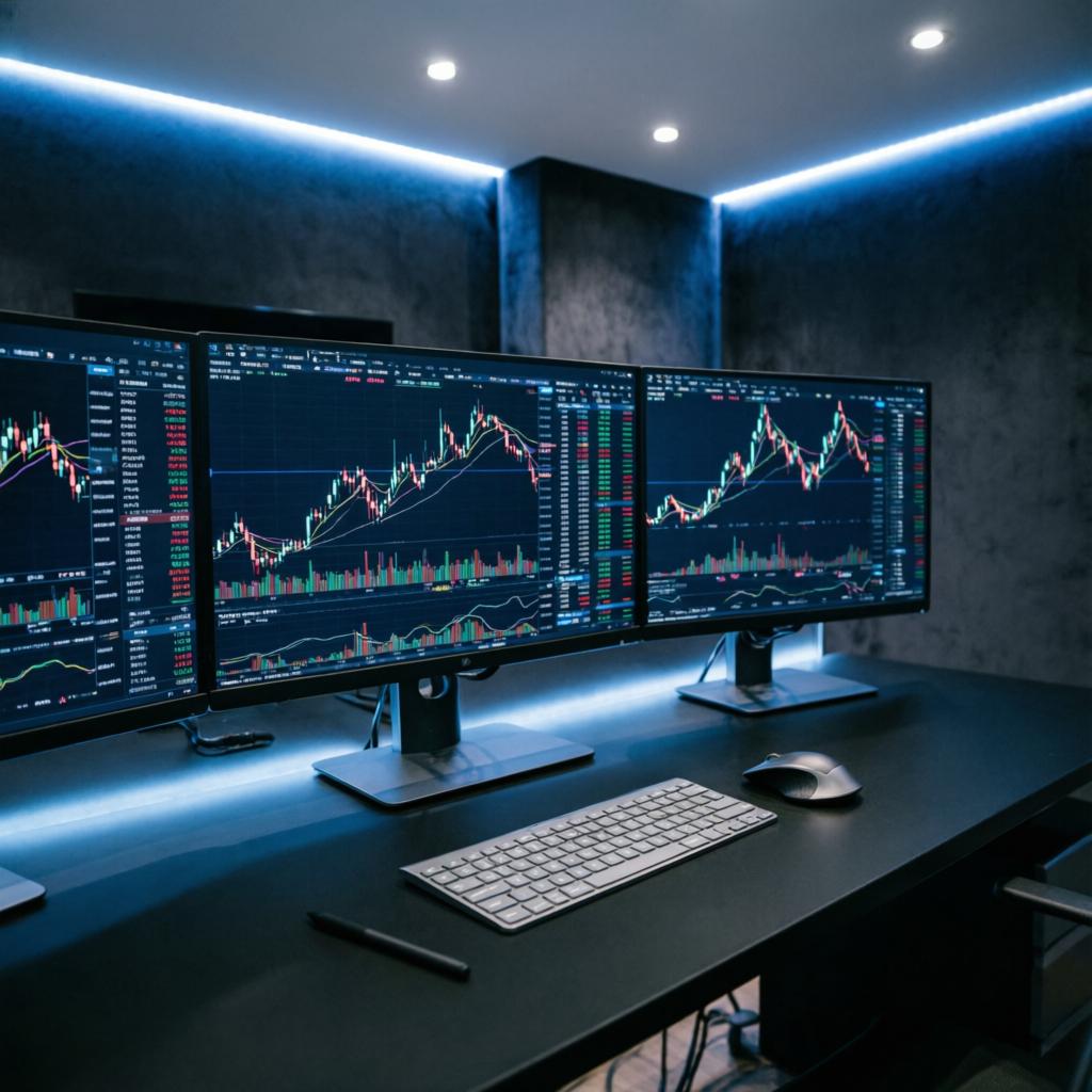 Professional trader workspace with multiple monitors showing live forex markets
