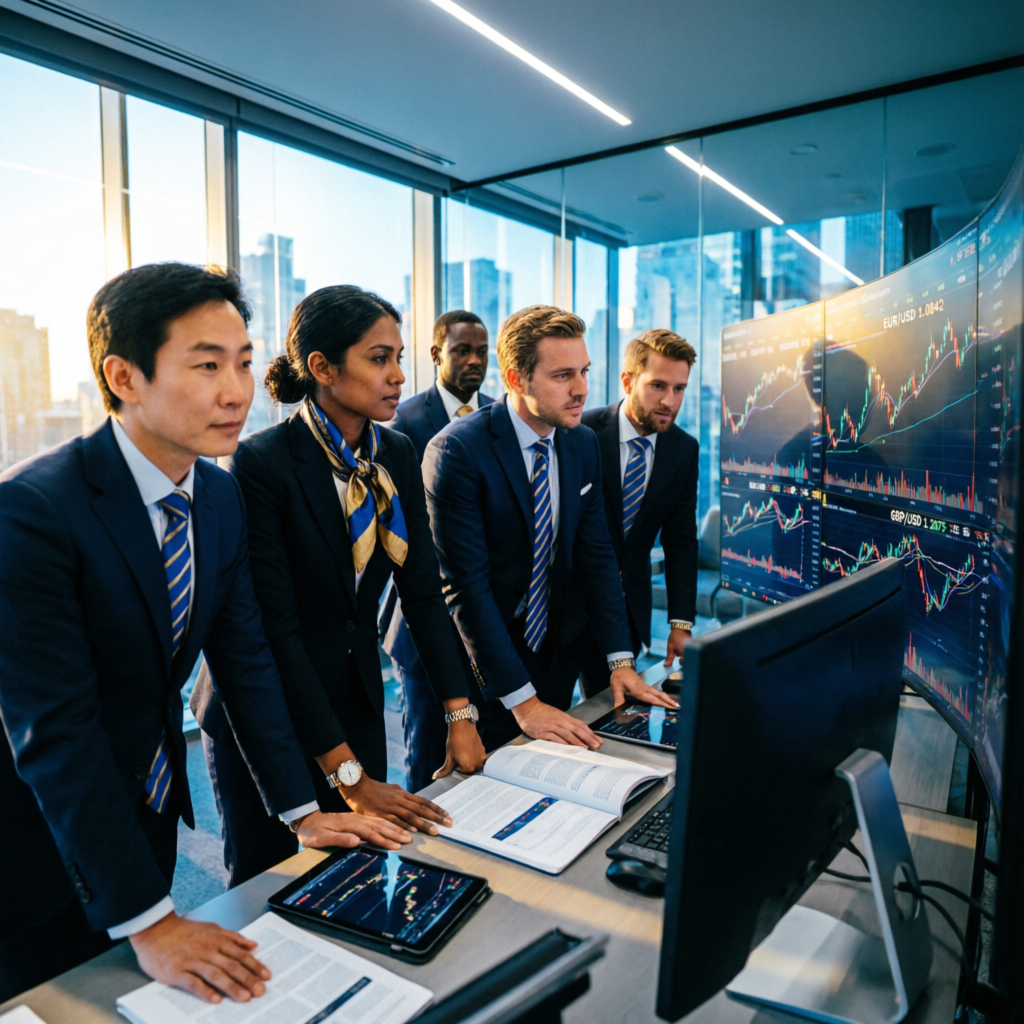 Professional team of forex traders analyzing market data in modern office