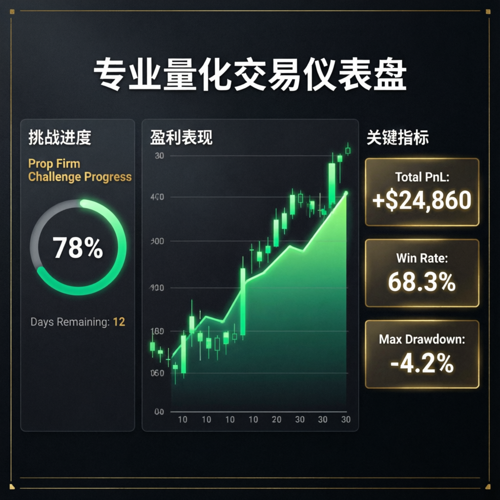 Professional trading dashboard showing prop firm challenge progress and profit metrics