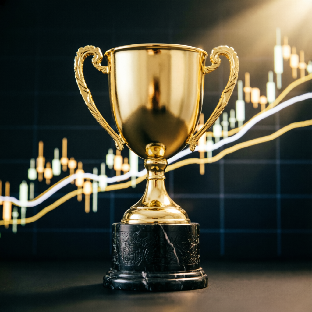 Golden trophy representing funded account success and trading achievement