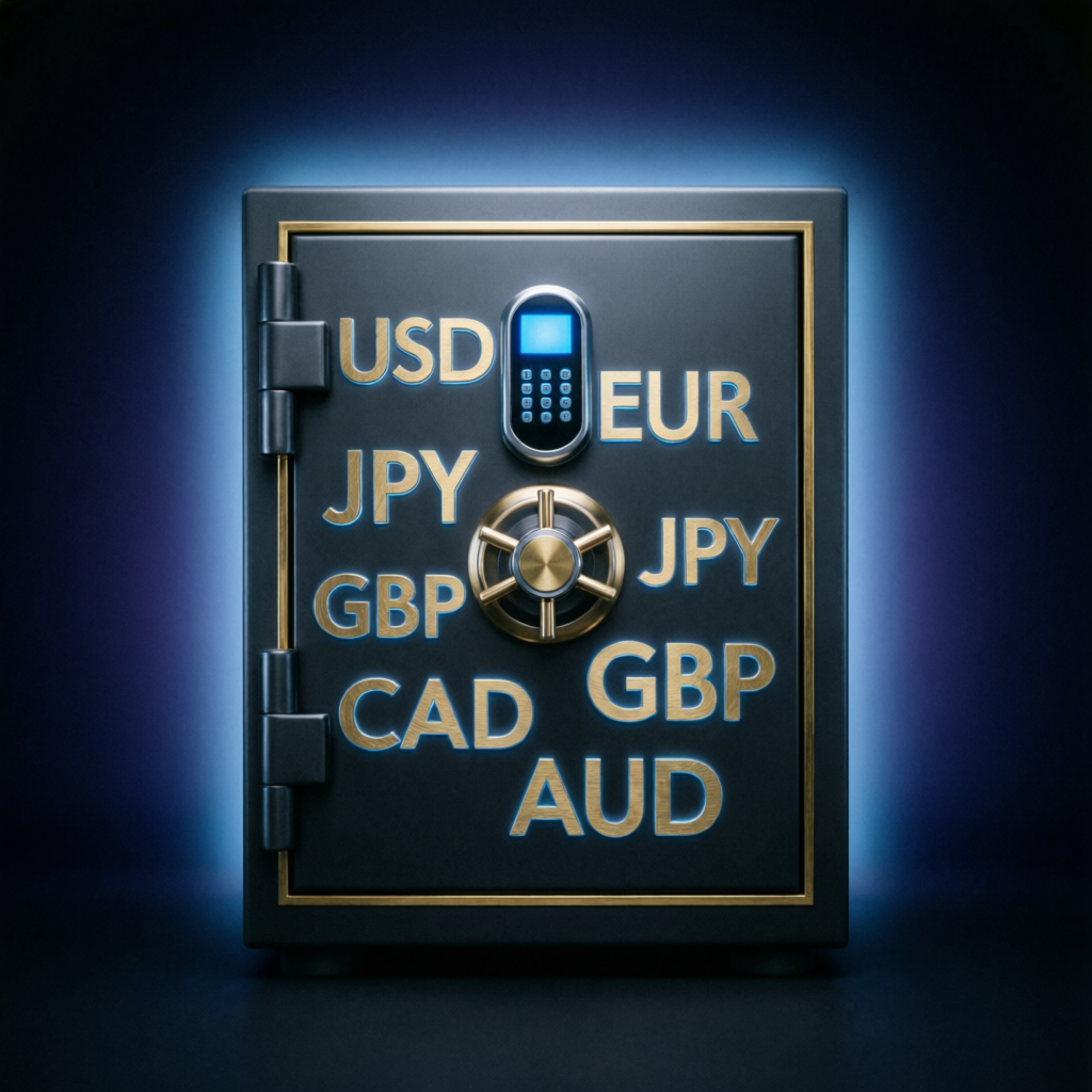 Secure vault with currency symbols representing financial security