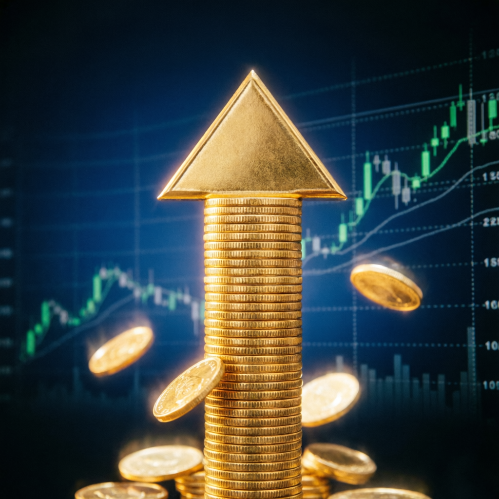 Financial growth with golden coins and upward trending arrow