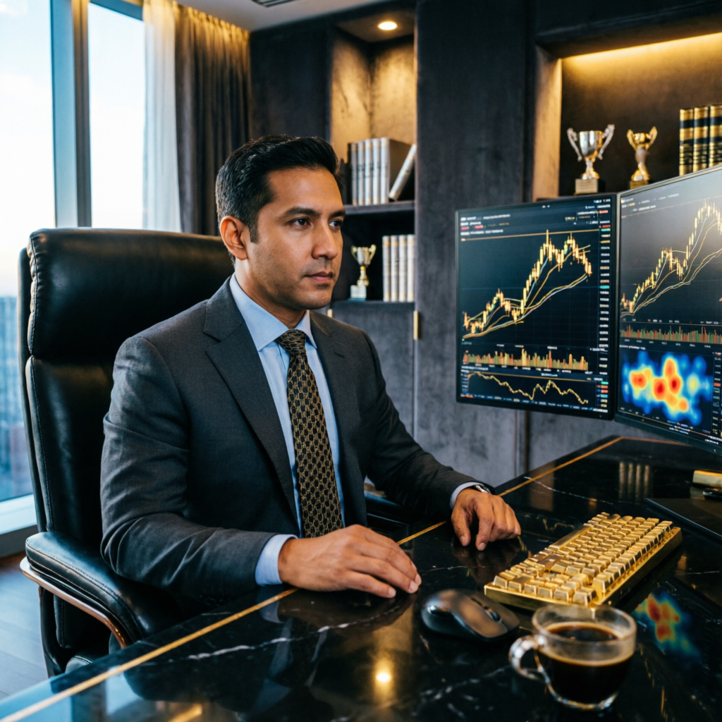Professional forex trader at multi-monitor setup