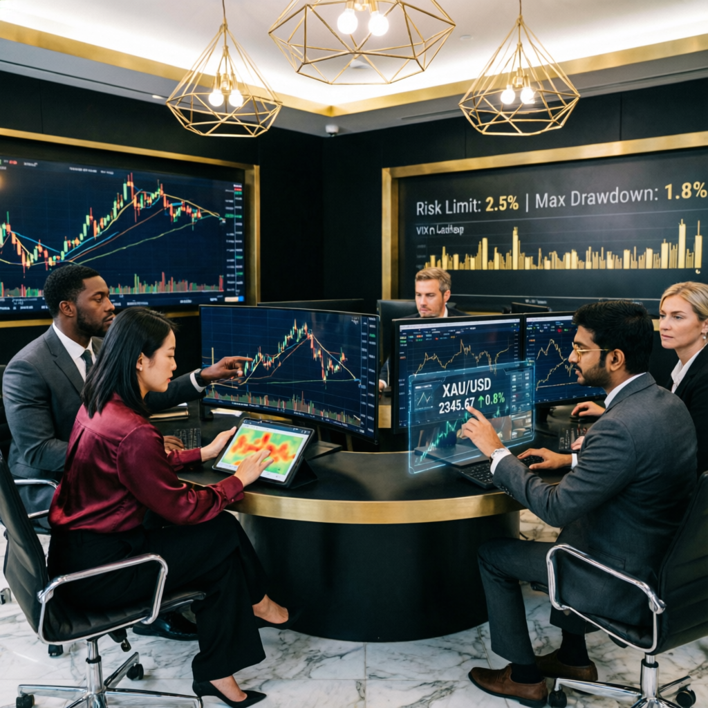 Professional trading team analyzing charts