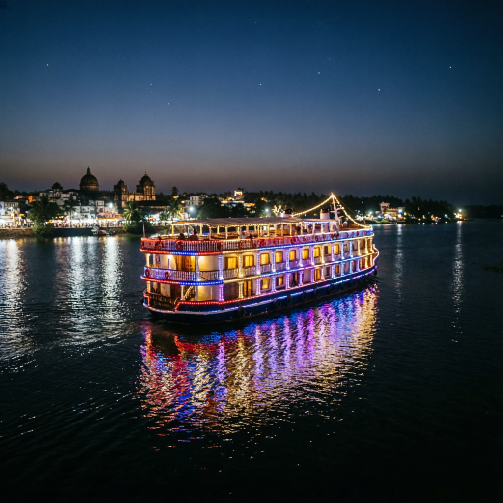 Night cruise boat with lights on Mandovi river