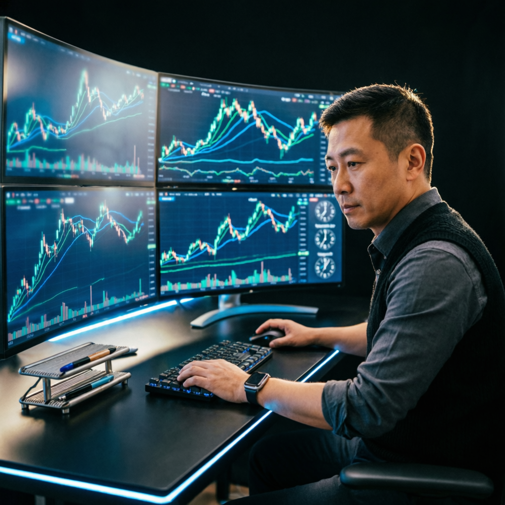 Professional forex trader analyzing Topstep futures charts on multiple monitors