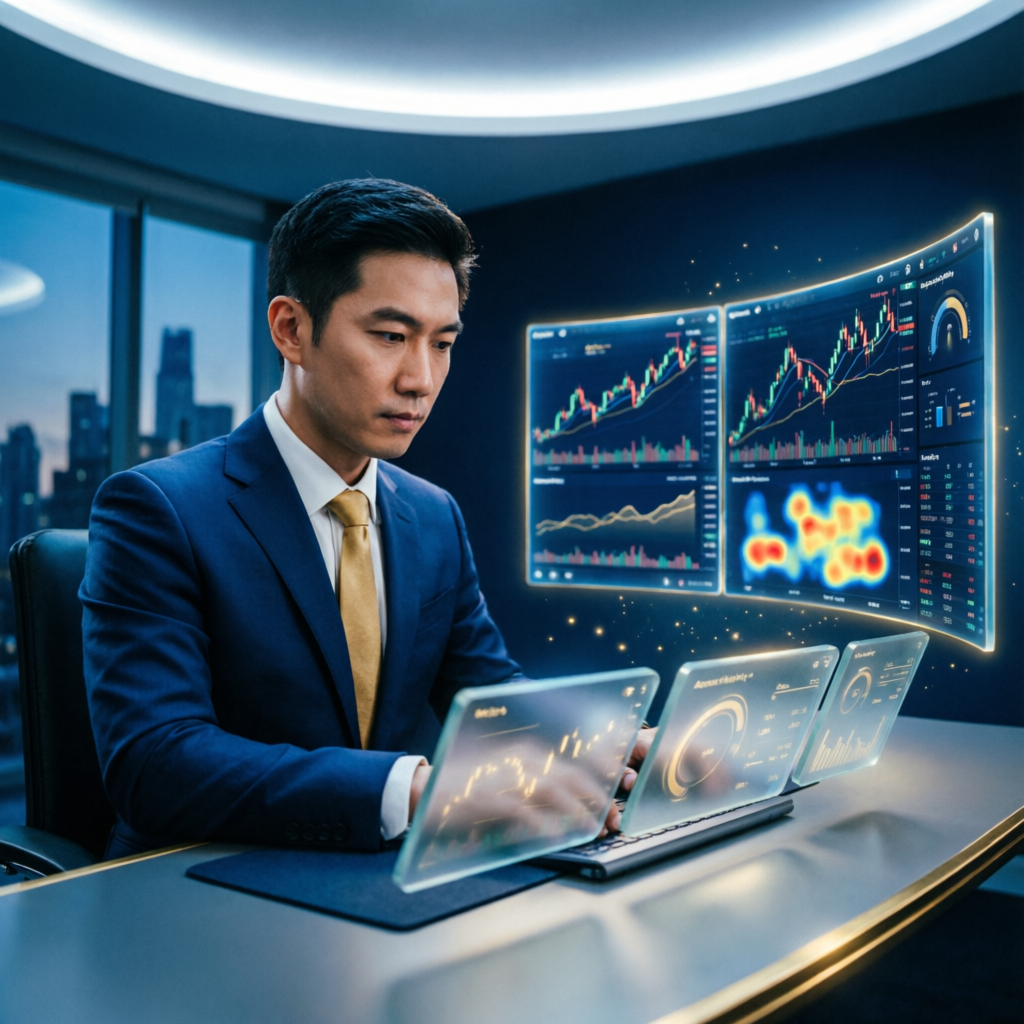 Professional funded account manager analyzing multiple trading screens