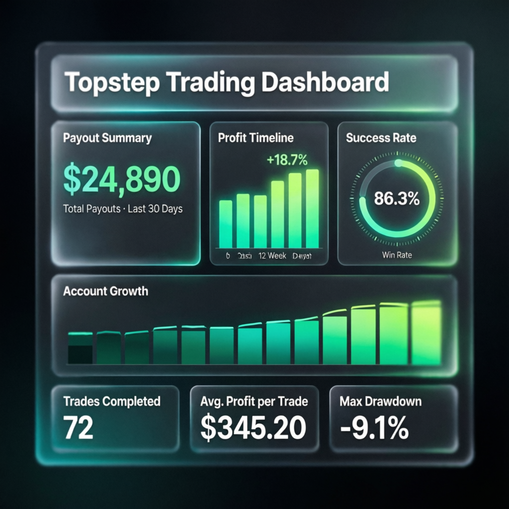 Topstep Trading Dashboard showing payout summary, profit timeline and success rate