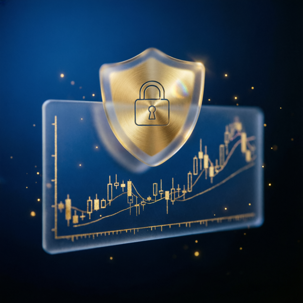 Risk management shield protecting trading chart