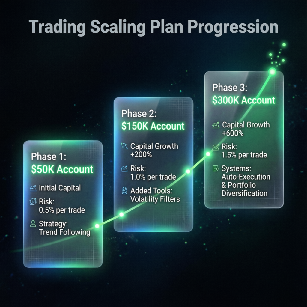 Trading scaling plan progression from 50K to 300K account