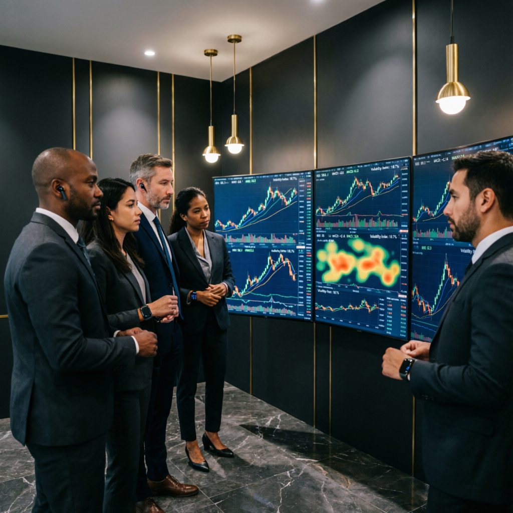 Professional team of expert traders analyzing strategies on multiple screens