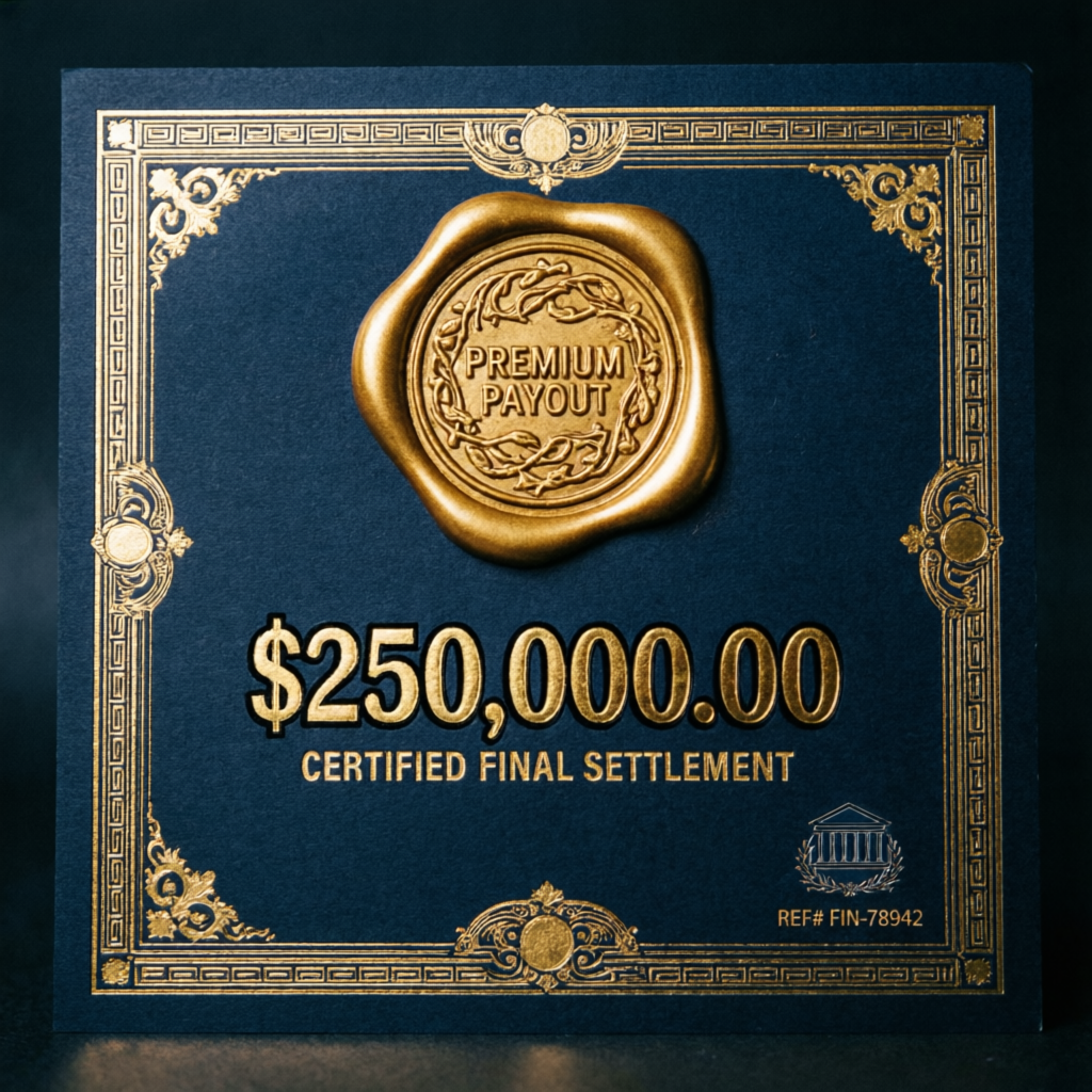 Premium payout certificate with golden seal showing certified settlement