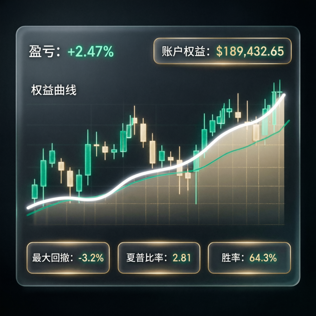 Trading dashboard showing profit metrics, equity curve, and performance statistics