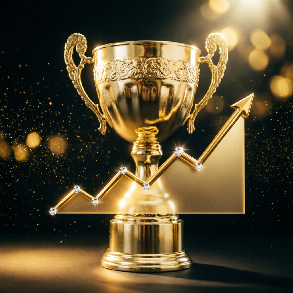 Funded account success with golden trophy and rising profit chart