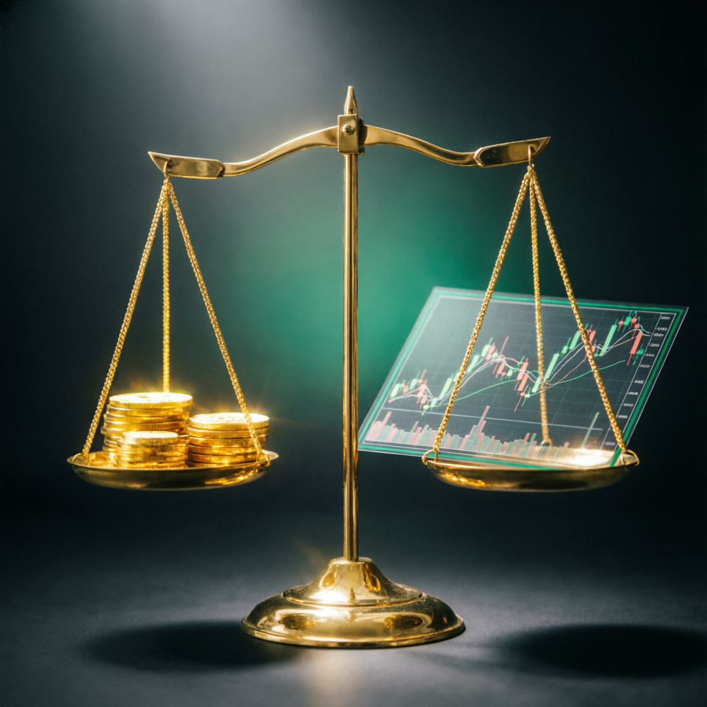 Risk management concept with golden scales balancing coins and trading charts