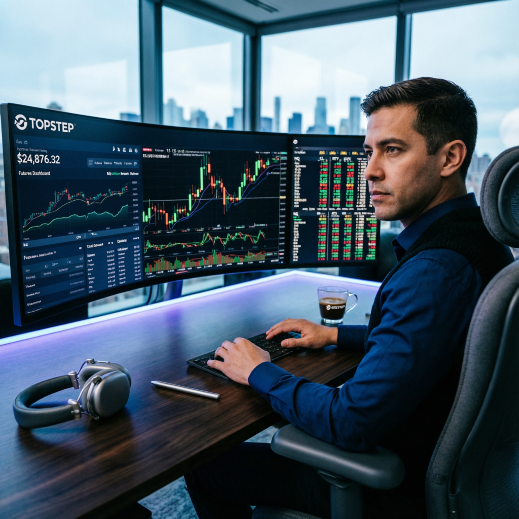 Professional trader using Topstep trading platform on multiple monitors