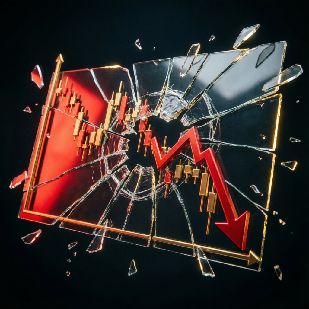 Trading mistakes visualization with broken chart and downward trend