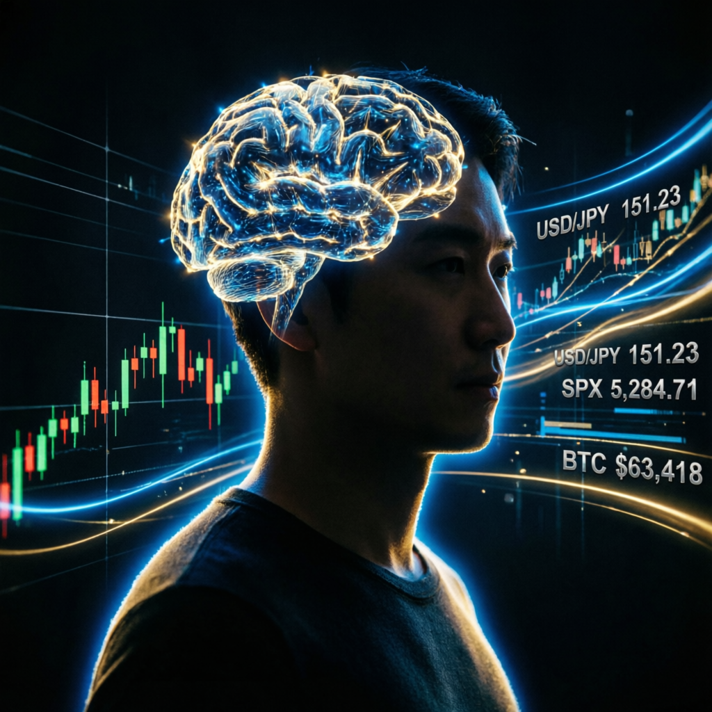 Trading psychology concept showing brain neural network with market data