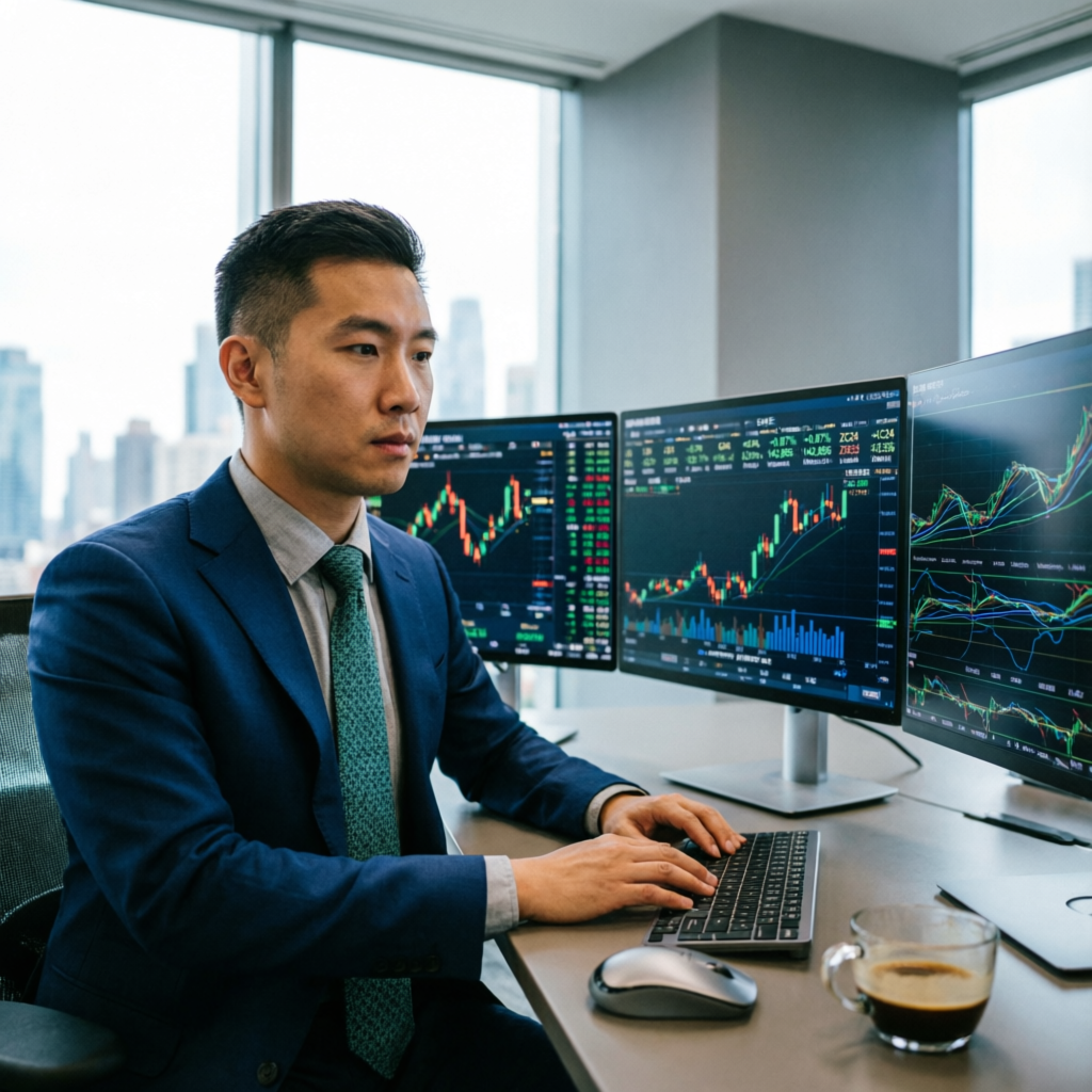 Futures prop trader analyzing CME contracts on multiple monitors