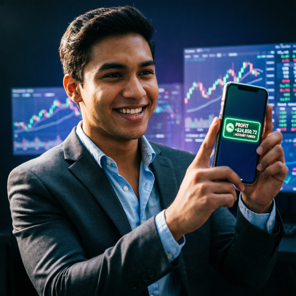 Successful funded trader showing profit notification on smartphone