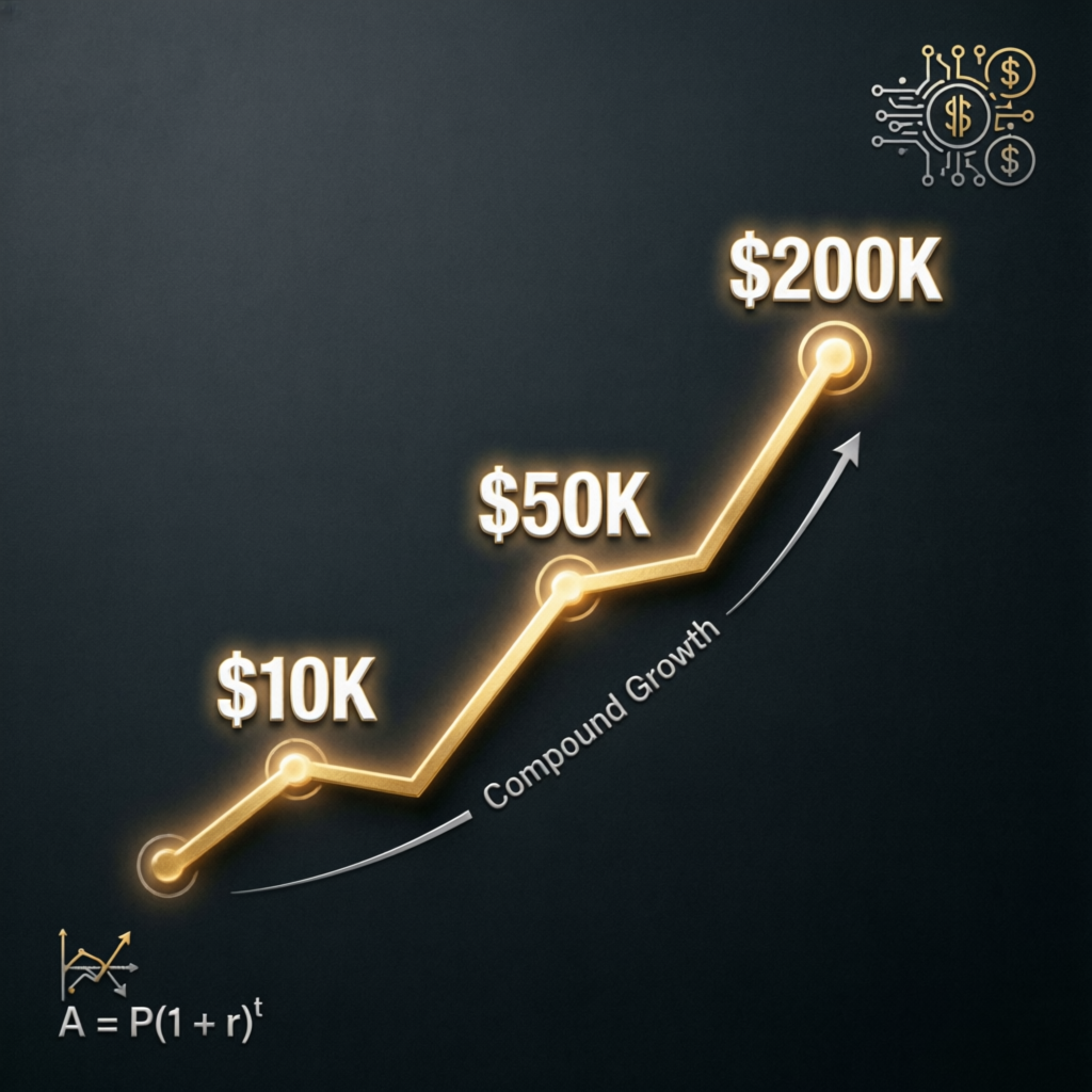 Account growth trajectory showing compound growth from $10K to $200K