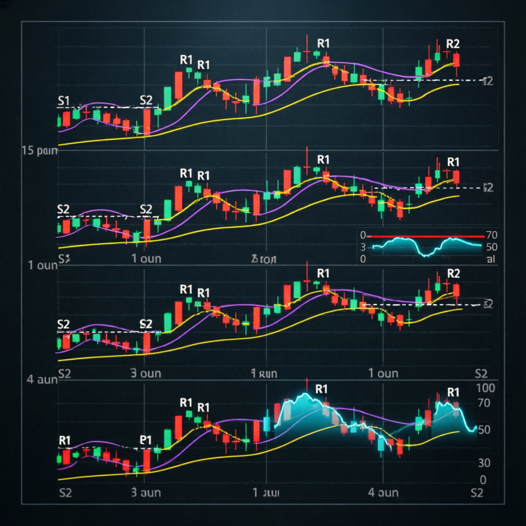 Multiple timeframe trading strategy charts with support resistance levels
