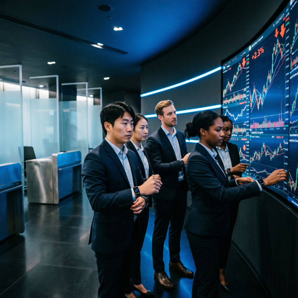Professional team of traders analyzing charts and managing funded accounts