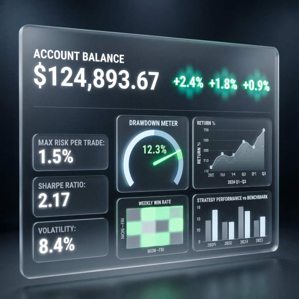 Trading dashboard showing account balance, drawdown meter, and risk metrics