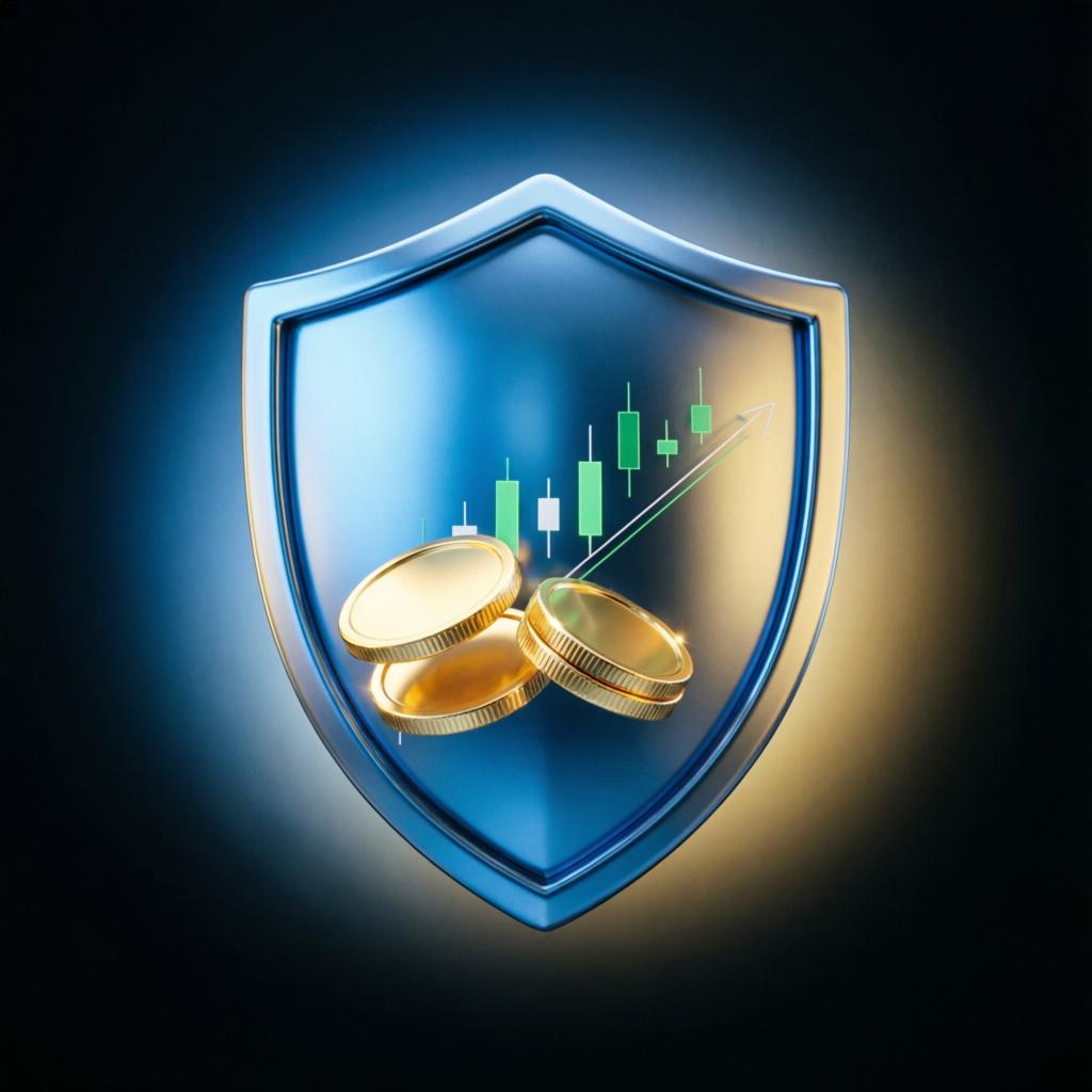 Risk management shield protecting trading capital with candlestick chart