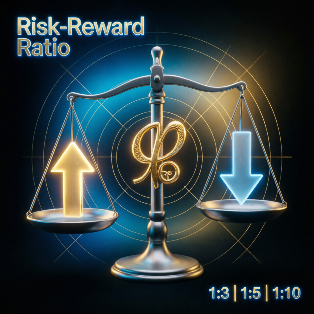 Risk reward ratio balance scale showing 1:3, 1:5, 1:10 ratios for trading