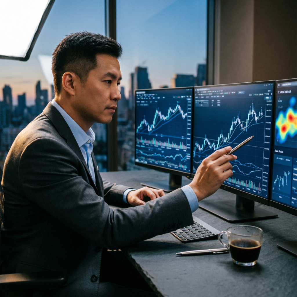 Professional trader analyzing futures charts on multiple monitors