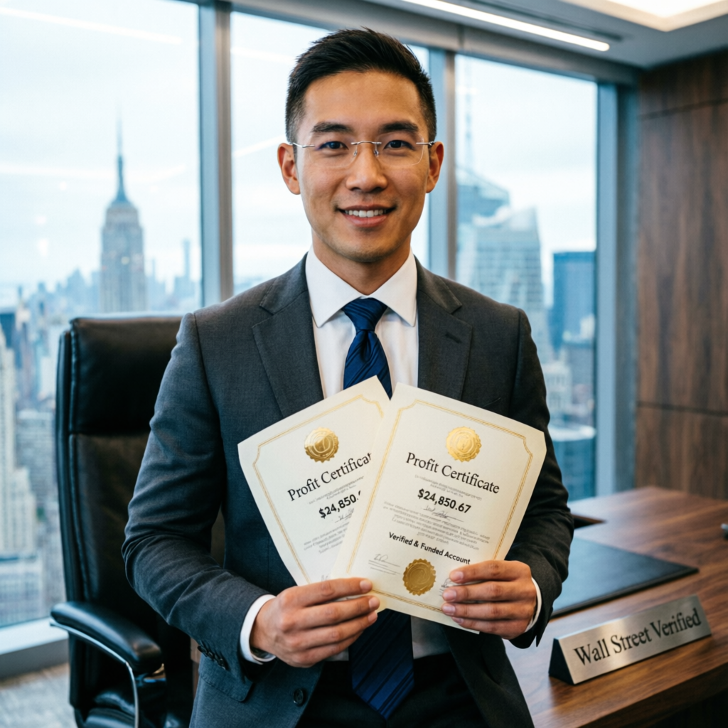 Funded trader holding profit certificates representing successful payouts