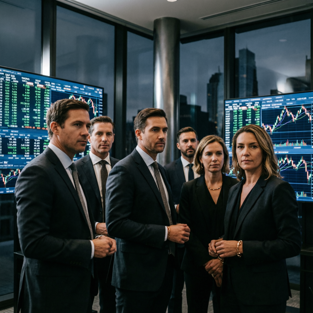 Professional team of traders in Wall Street corporate office with trading screens