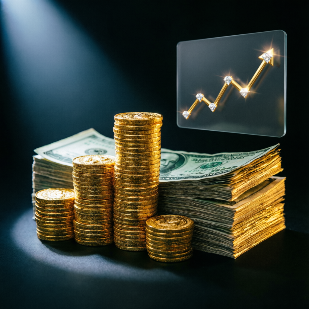 Payout success visualization with gold coins and upward trending profit chart