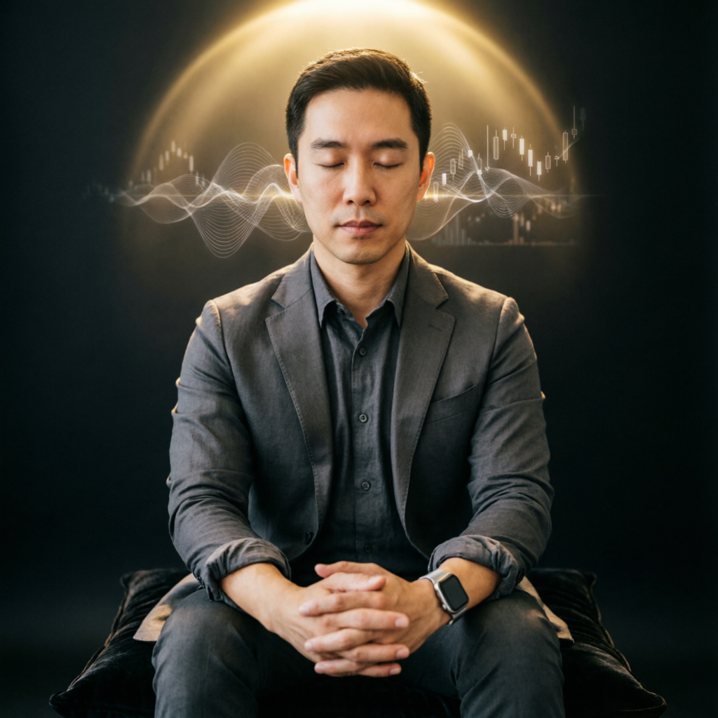 Trader meditating with trading charts representing trading psychology and discipline
