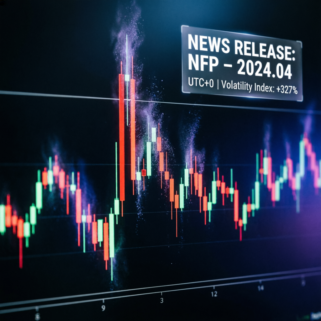 Forex market volatility during NFP news release with dramatic candlestick spike