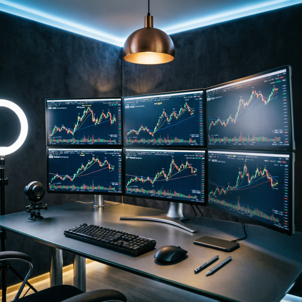 Modern trading workstation with 6 monitors showing futures charts and news feeds