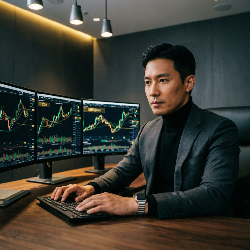 Professional Topstep trader analyzing news trading rules on multiple monitors