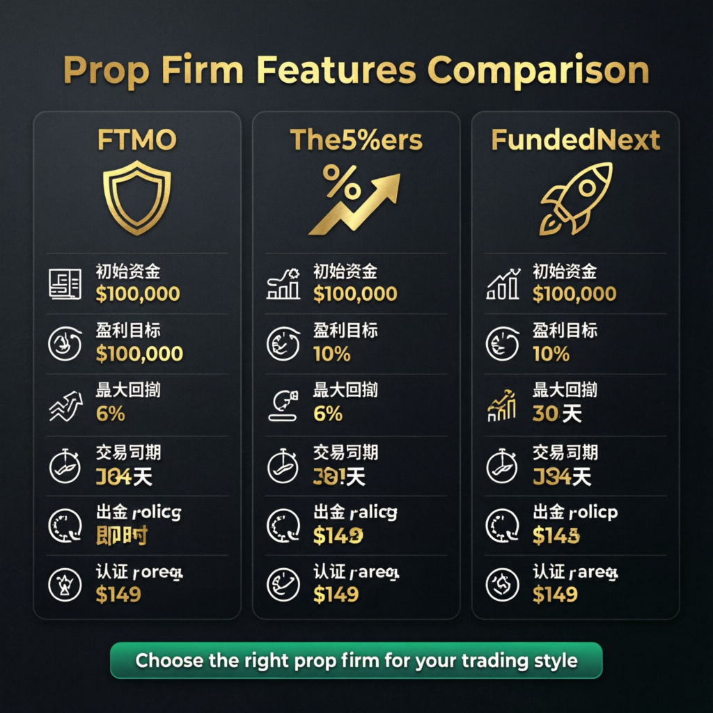 Prop firm features comparison infographic with FTMO The5ers FundedNext