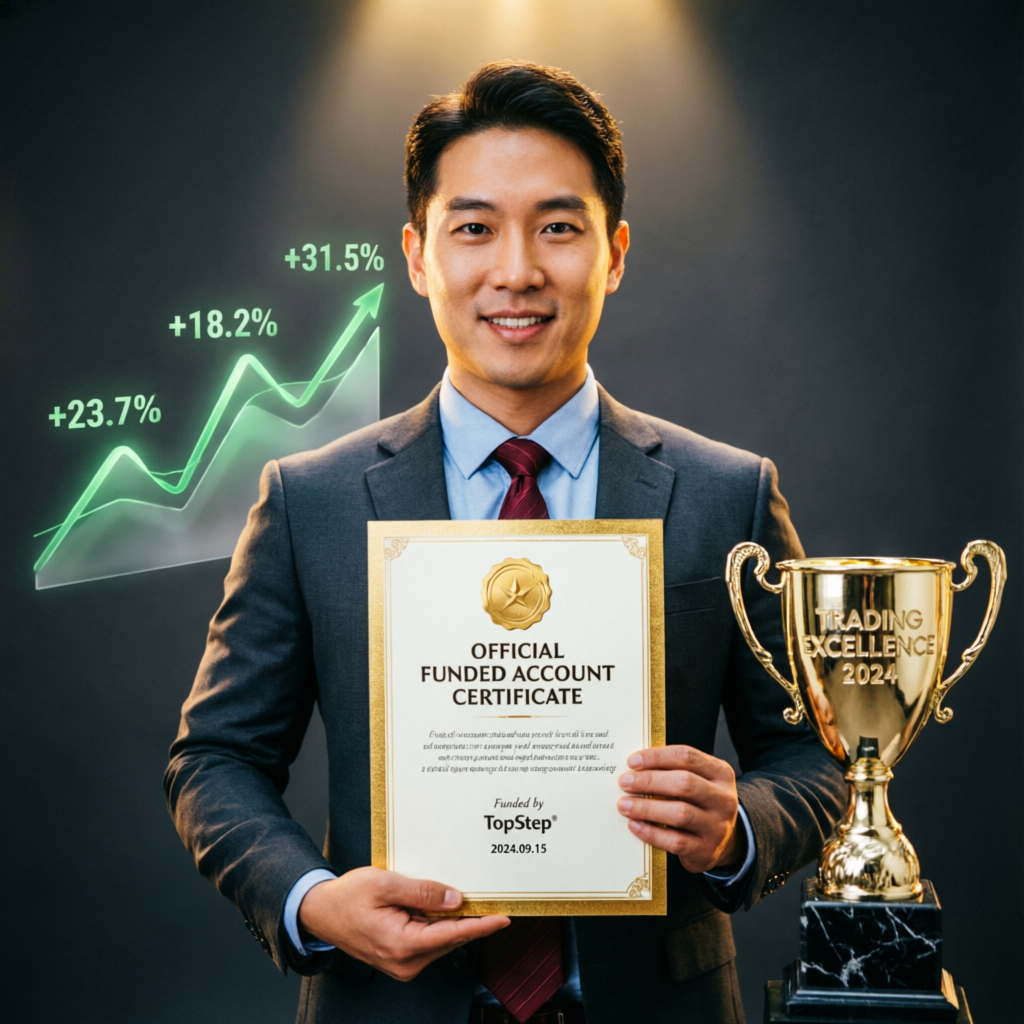 Trader holding official funded account certificate with trophy representing Topstep success